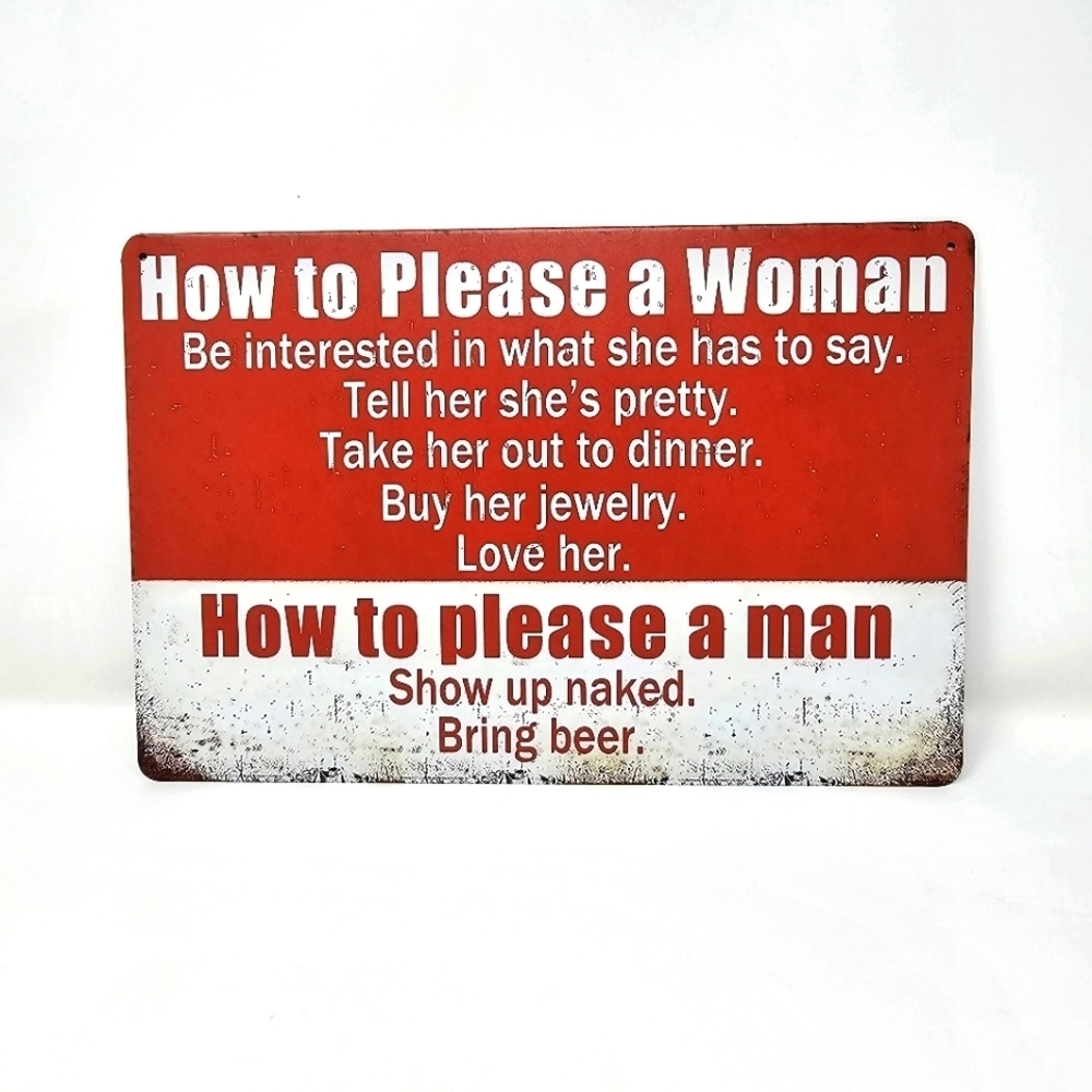 Vintage Metal Sign ✦ How To Please A Woman Man ✦ White Red Indoor Outdoor NWT